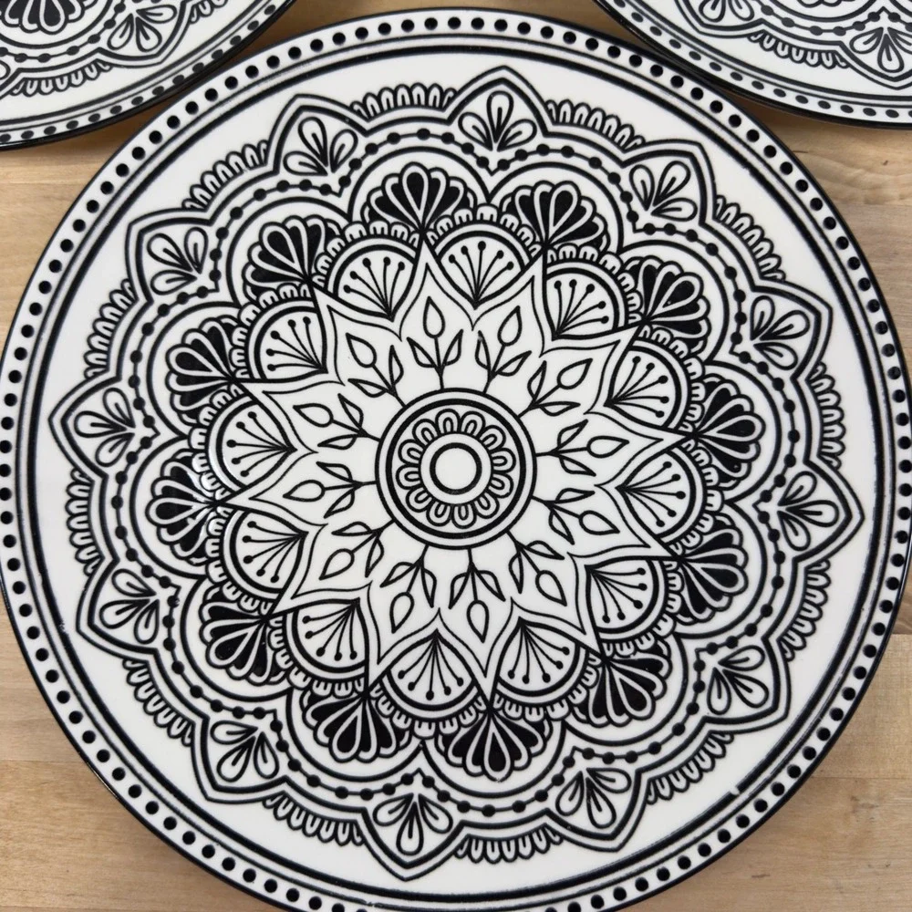 Royal Norfolk Black White Mandala Dinner Plates Set of 4 Stoneware 10.5 Inch